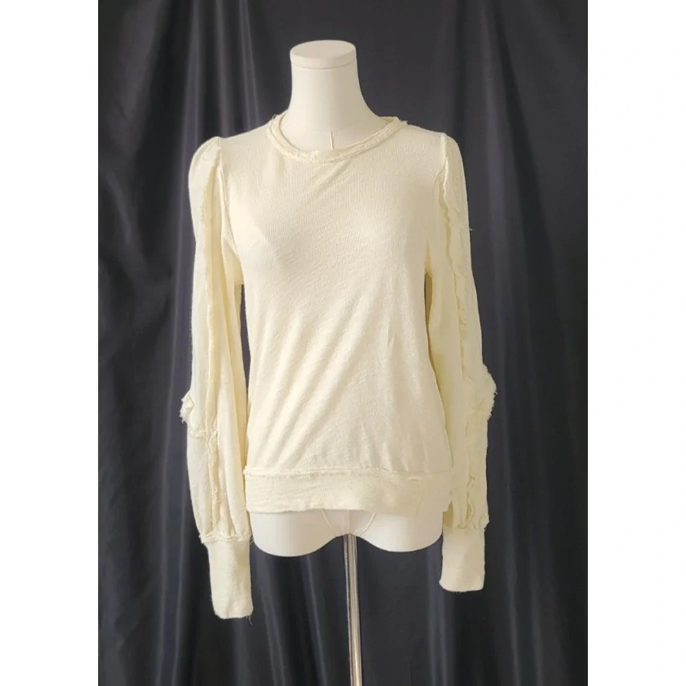 Anthropologie Pilcro Womens Cream Ruffle Sleeve Slub Knit Sweater Top XS
